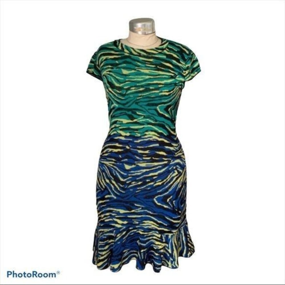 Missoni Italy Dress Knit Flattering Animal Print Jewel Tones Blue Green